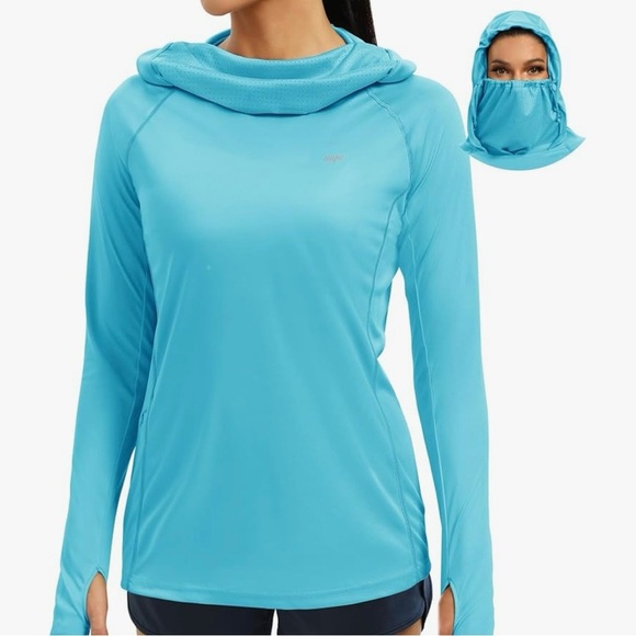 Women’s Aqua Blue UPF 50+ Lightweight Sun Protective Top with Hood - Picture 3 of 8